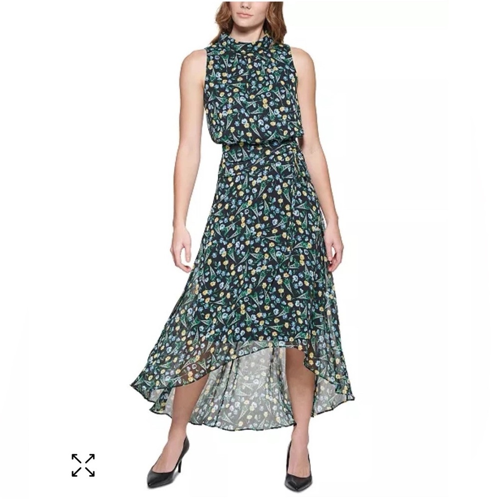 Karl Lagerfeld Paris Women's Green Crinkle-Chiffon Blouson Maxi Dress Size 12